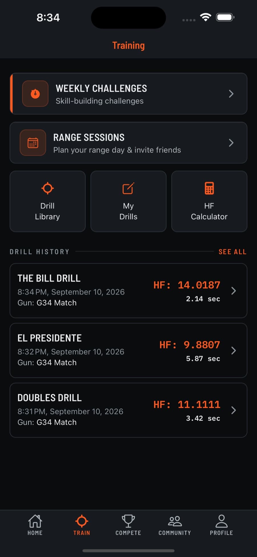 Training hub in the Range Rivals app: weekly challenges, range sessions, drill library, and drill history