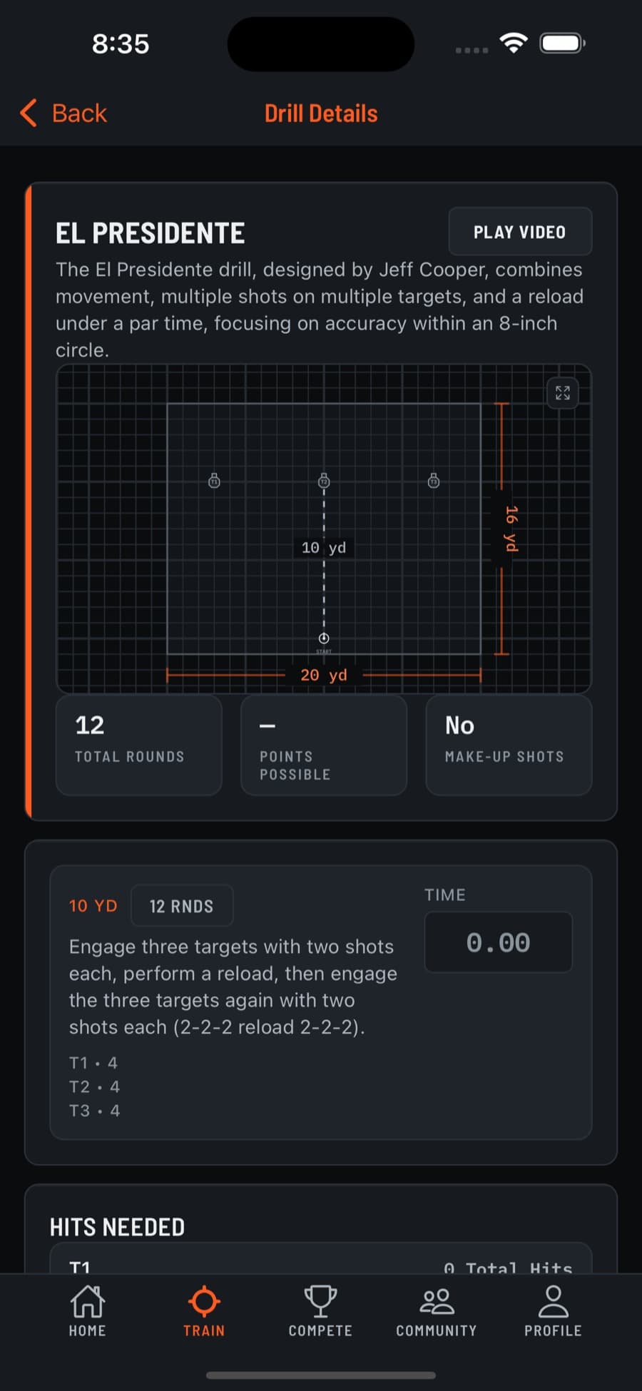 Drill details in the Range Rivals app: the El Presidente brief, stage diagram, and round count